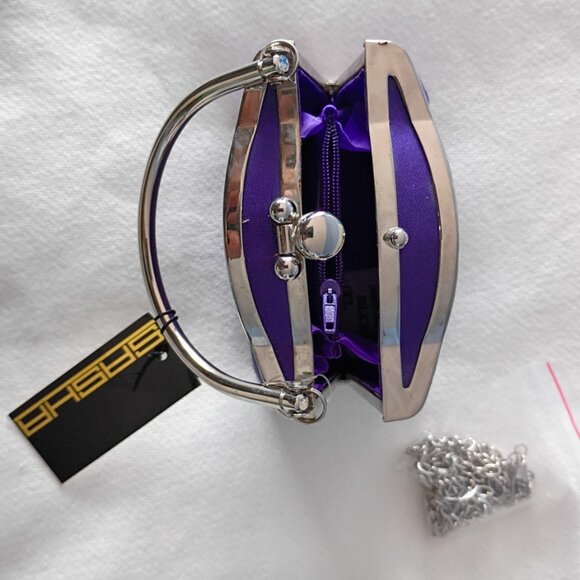 NWT Sasha Purple Satin Mini Bag Top-Handle + Metal Strap Retro Frame Purse - Picture 2 of 7